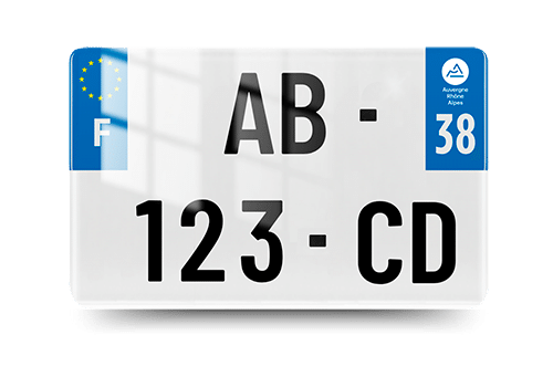 Plaque immatriculation 38 - Auvergne Rhone Alpes - moto - vue de face