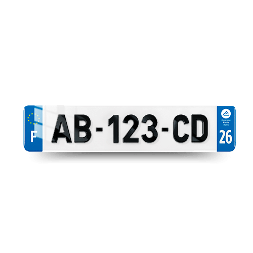 Plaque immatriculation 4D - 520x110 - 26 - Auvergne Rhone Alpes - vue de face