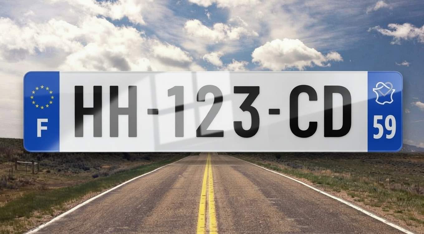 Plaque d'immatriculation française homologuée débutant par la série HH, caractéristique des immatriculations SIV de l'année 2025.
