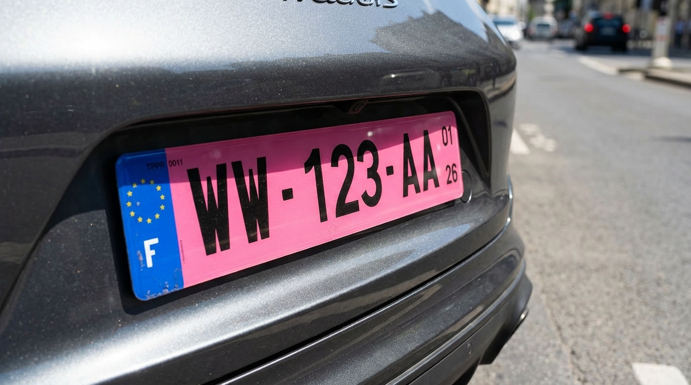 Plaque d'immatriculation provisoire WW rose homologuée installée sur l'arrière d'une voiture