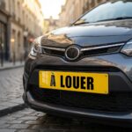 Cache plaque immatriculation A LOUER jaune - en situation sur voiture
