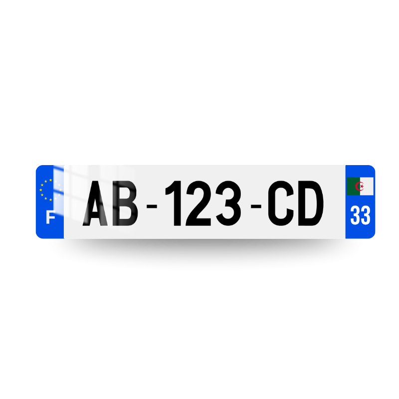 Plaque immatriculation française avec marquage F et logo UE sur l'eurobande gauche et le drapeau alégrien et le code postal sur deux chiffres sur l'eurobande gauche.