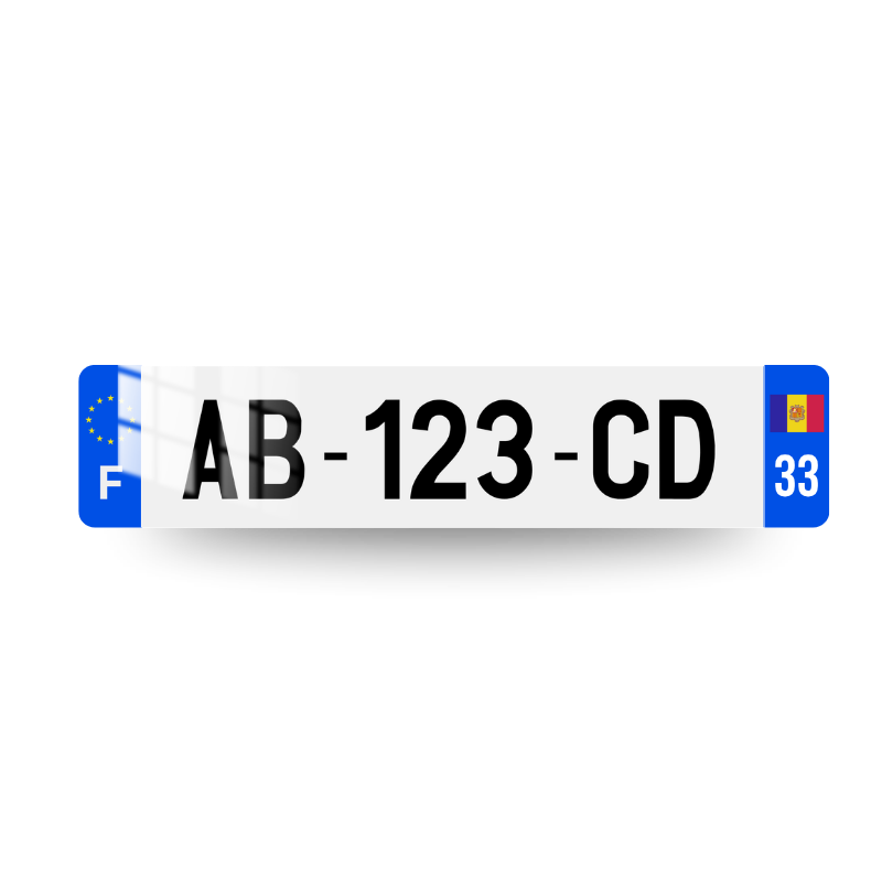 Plaque immatriculation française avec le drapeau de Andorre et le code postal sur 2 chiffres sur l'eurobande droite et le lettrage F et logo UE sur l'eurobande gauche.