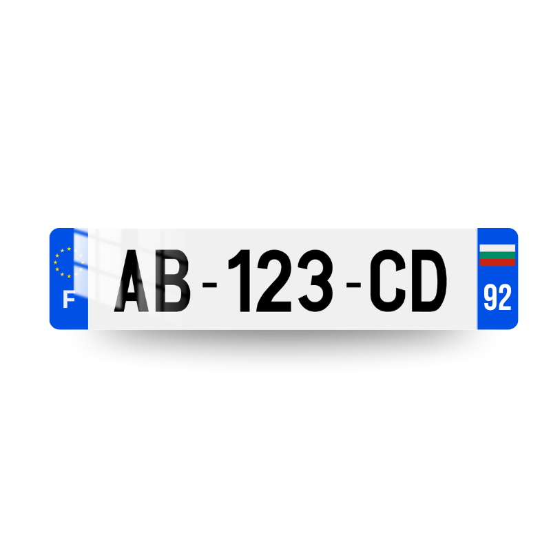 Plaque immatriculation française avec marquage F et le logo UE sur l'eurobande gauche et le drapeau bulgarie et le code postal sur deux chiffres sur l'eurobande droite.