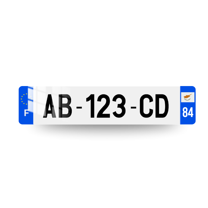 Plaque immtriculation française avec drapeau de Chypre et code postal sur l'eurobande droite et marquage F et logo UE sur l'eurobande gauche