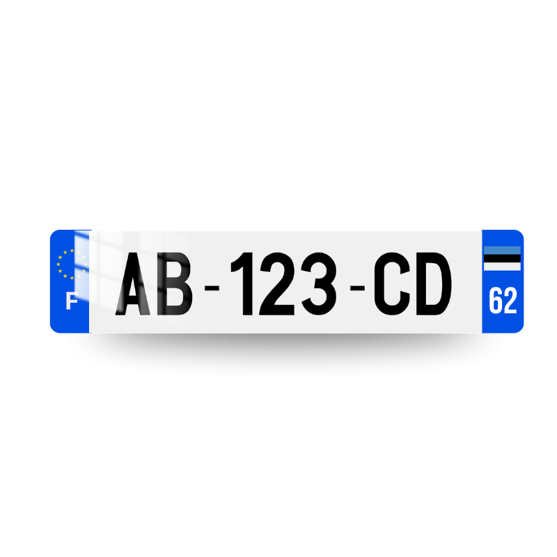 Plaque immatriculation française avec drapeau de l'ESTONIE et code postal sur deux chiffres sur l'eurobande droite et logo UE et lettrage F sur l'eurobande gauche.