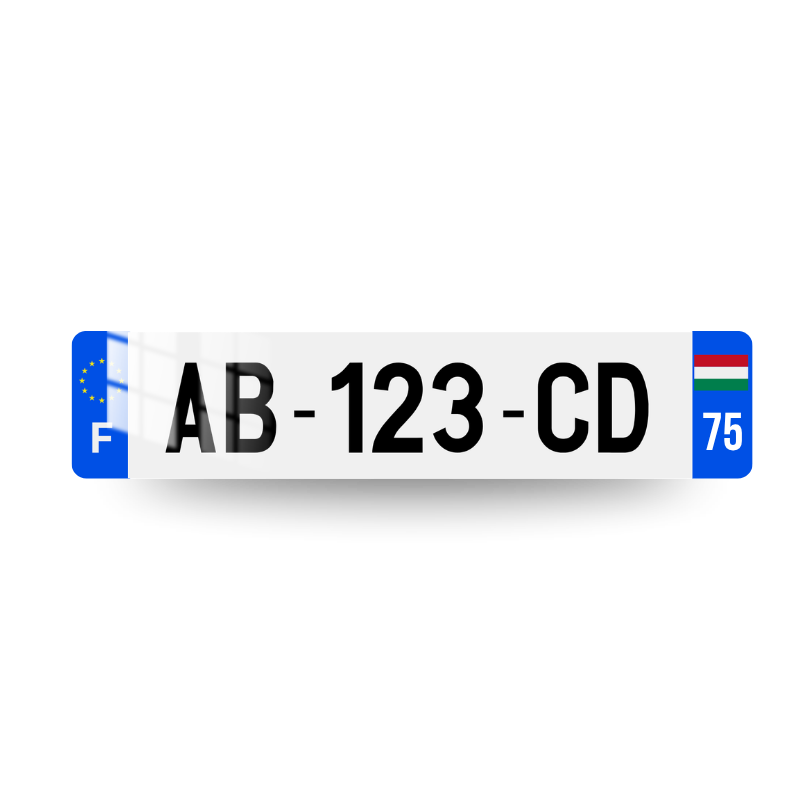 Plaque immatriculation française avec drapeau hongrois et code postal sur deux chiffres sur l'eurobande droite et le logo UE et le marquage F sur l'eurobande gauche.