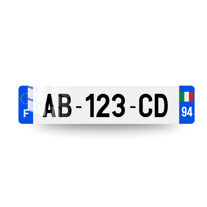 Plaque immatriculation Italie avec lettrage F et logo UE sur l'eurobande gauche et drapeau italien et code postal sur deux chiffres sur l'eurobande droite.