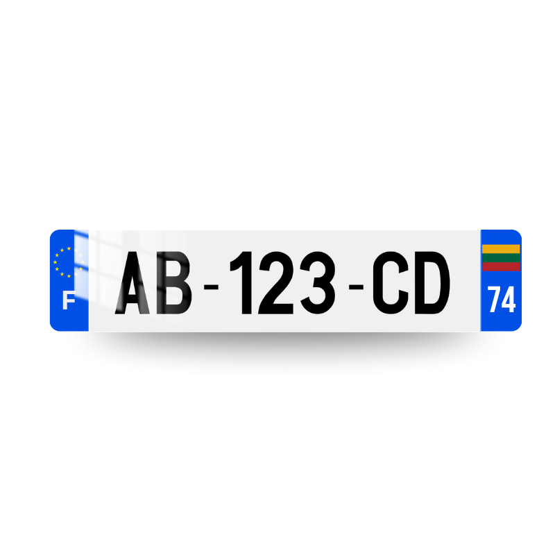 Plaque immatriculation française avec le drapeau de la Lutanie et le code postal sur deux chiffres sur l'eurobande droite et le logo UE et le lettrage F sur l'eurobande gauche.