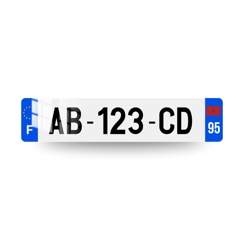 Plaque immatriculation française pour les amateurs du Maroc avec marquage F et logo UE sur l'eurobande gauche et code postal sur deux chiffres et drapeau marocain sur l'eurobande droite