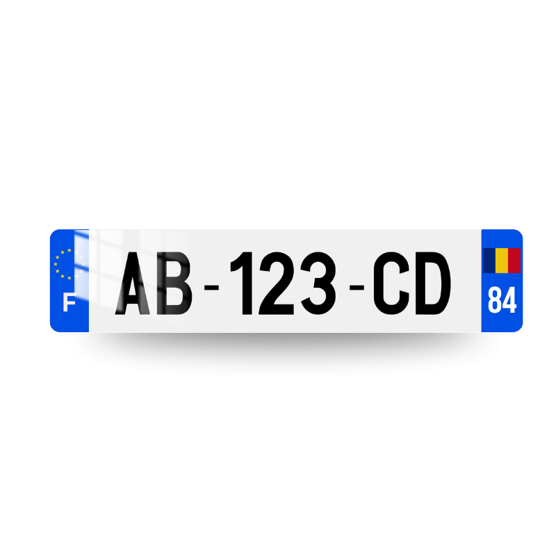 Plaque immatriculation française avec drapeau roumain et code postal sur deux chiffres sur l'eurobande droite et logo UE et lettrage F sur l'eurobande gauche.