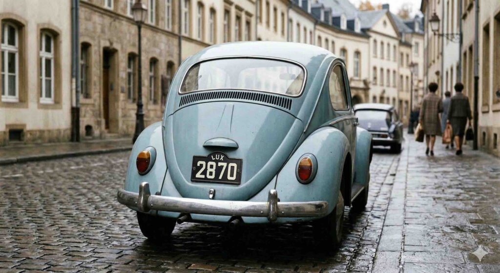 Plaque immatriculation luxembourg format historique fond noir avec mention LUX sur une Volkswagen Coccinelle ancienne dans une rue pavée.