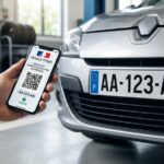 Smartphone affichant un certificat d'immatriculation numérique avec QR code devant une plaque d'immatriculation homologuée sur une voiture grise.