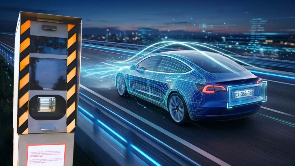Une voiture électrique bleue vue de l'arrière sur une autoroute de nuit, recouverte d'un wireframe 3D lumineux et de traînées lumineuses bleues (style Tron) suggérant un balayage numérique complexe. La plaque d'immatriculation française CX-356-TR est clairement visible.