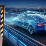 Une voiture électrique bleue vue de l'arrière sur une autoroute de nuit, recouverte d'un wireframe 3D lumineux et de traînées lumineuses bleues (style Tron) suggérant un balayage numérique complexe. La plaque d'immatriculation française CX-356-TR est clairement visible.