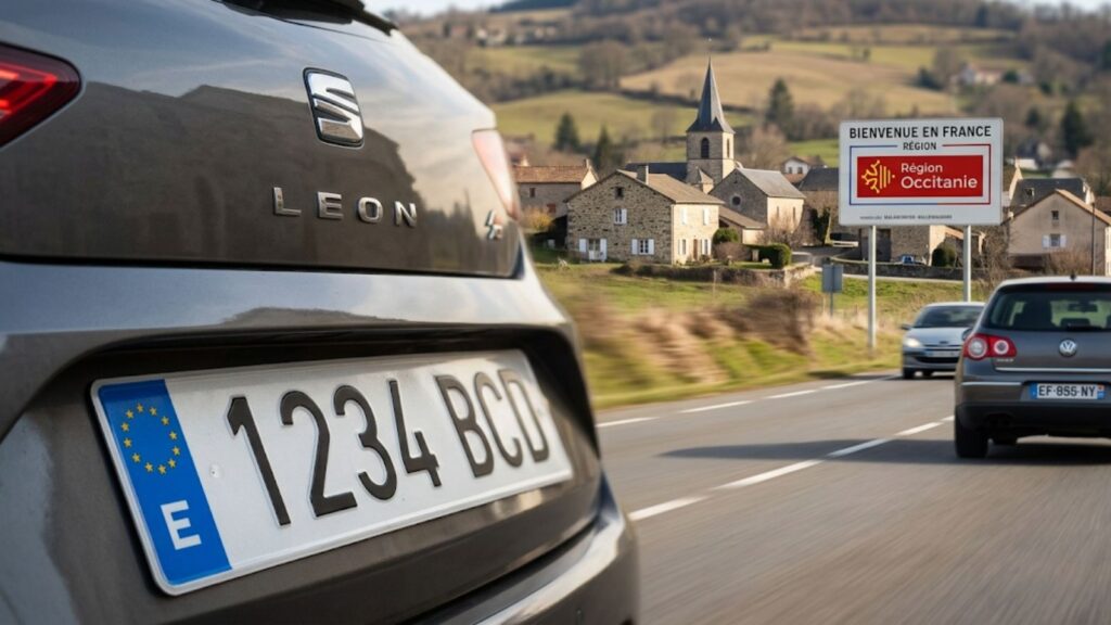 Rouler avec des plaques étrangères en France. Image montrant une plaque immatriculation espagnole dans la région d'occitanie en France.