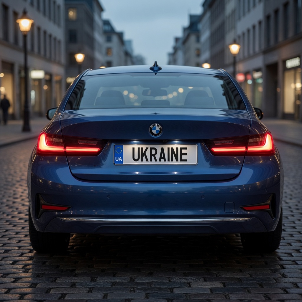 Plaque Immatriculation UA Ukraine avec côté bleu. Marquage 12 étoiles jaunes. En situation sur BMW série 3.