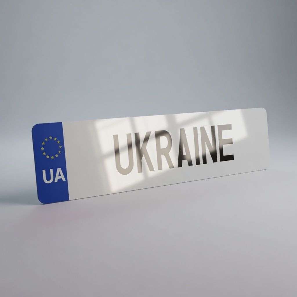Plaque immatriculation UA (UKRAINE) avec le logo UA et 12 étoiles jaunes - vue de trois quart - eurobande bleue