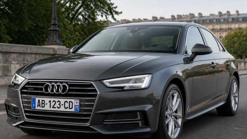 Berline AUDI dans une rue parisienne - plaque d'immatriculation française homologuée