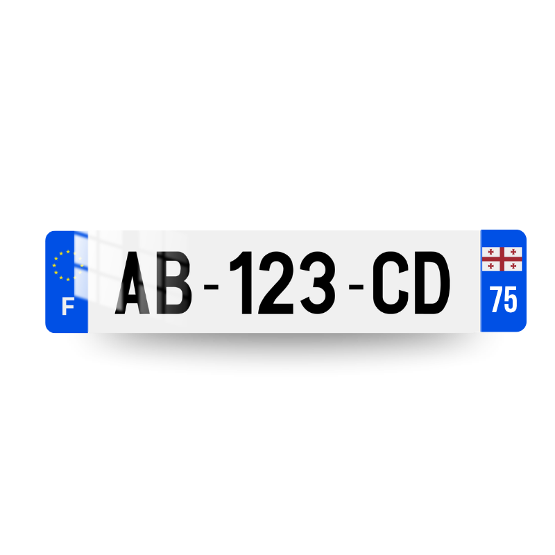 Plaque immatriculation française avec drapeau de la géorgie et code postal sur deux chiffres sur l'eurobande droite et logo UE et lettrage F sur l'eurobande gauche.
