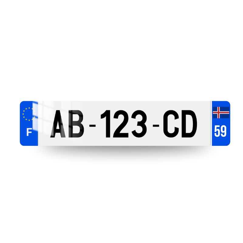 Plaque immatriculation française avec drapeau de l'ISLANDE et code postal sur deux chiffres sur l'eurobande droite et logo UE et lettrage F sur l'eurobande gauche.