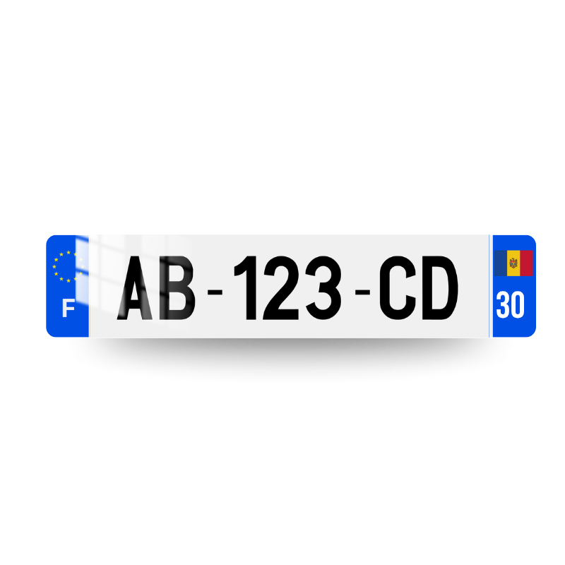 Plaque immatriculation française avec drapeau de la MOLDAVIE et code postal sur deux chiffres sur l'eurobande droite et le marquage F et le logo UE sur l'eurobande gauche.