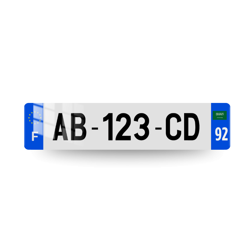 Plaque Immatriculation Européenne FR avec marquage lettre F sur l'eurobande gauche et drapeau de l'arabie saoudite et code postal sur deux chiffres sur l'eurobande droite.