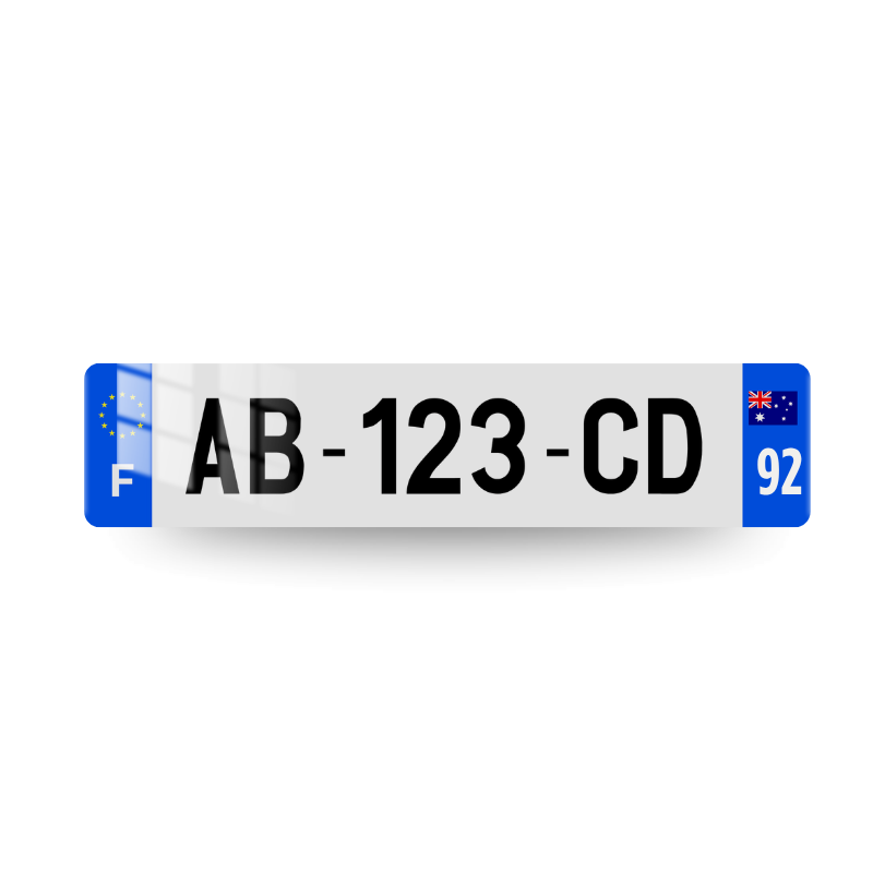 Plaque Immatriculation Australie avec marquage européen et lettre F sur l'eurobande gauche et drapeau australien et code postal sur 2 chiffres sur l'eurobande droite.