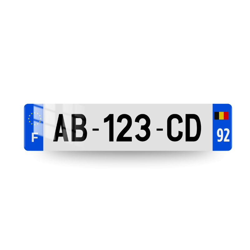 Plaque immatriculation belge avec le marquage F et européen à gauche et le drapeau belge à droite et le code postal sur deux chiffres.