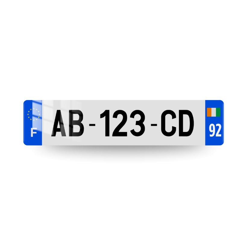 Plaque immatriculation française avec marquage F et européen sur l'eurobande gauche et drapeau ivoirien et code postal sur deux chiffres sur l'eurobande droite