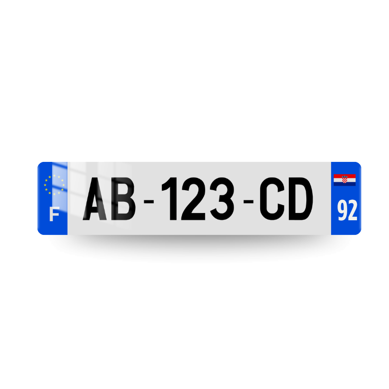 Plaque immatriculation française avec drapeau de la crotie et code postal sur deux chiffres sur eurobande droite et logo UE et lettre F sur eurobande gauche.