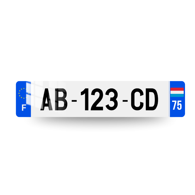 Plaque immatriculation française avec drapeau du Luxembourg et code postal sur deux chiffres sur l'eurobande droite et le logo UE et lettrage F sur l'eurobande gauche
