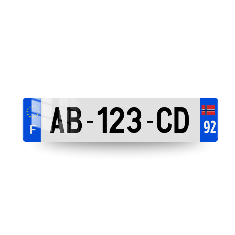 Plaque immatriculation française avec le drapeau de la norvège et le code postal sur deux chiffres sur l'eurobande droite et le lettrage F et le logo UE sur l'eurobande gauche