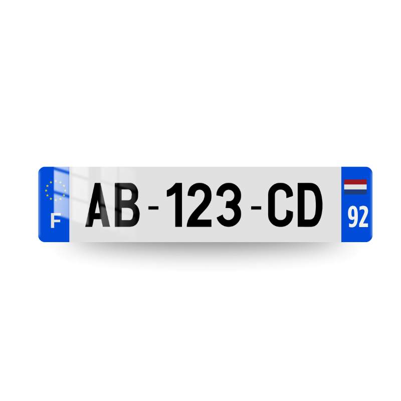 Plaque immatriculation française avec drapeau des Pays Bas et code postal sur deux chiffres sur l'eurobande droite et logo UE et lettrage F sur l'eurobande gauche.