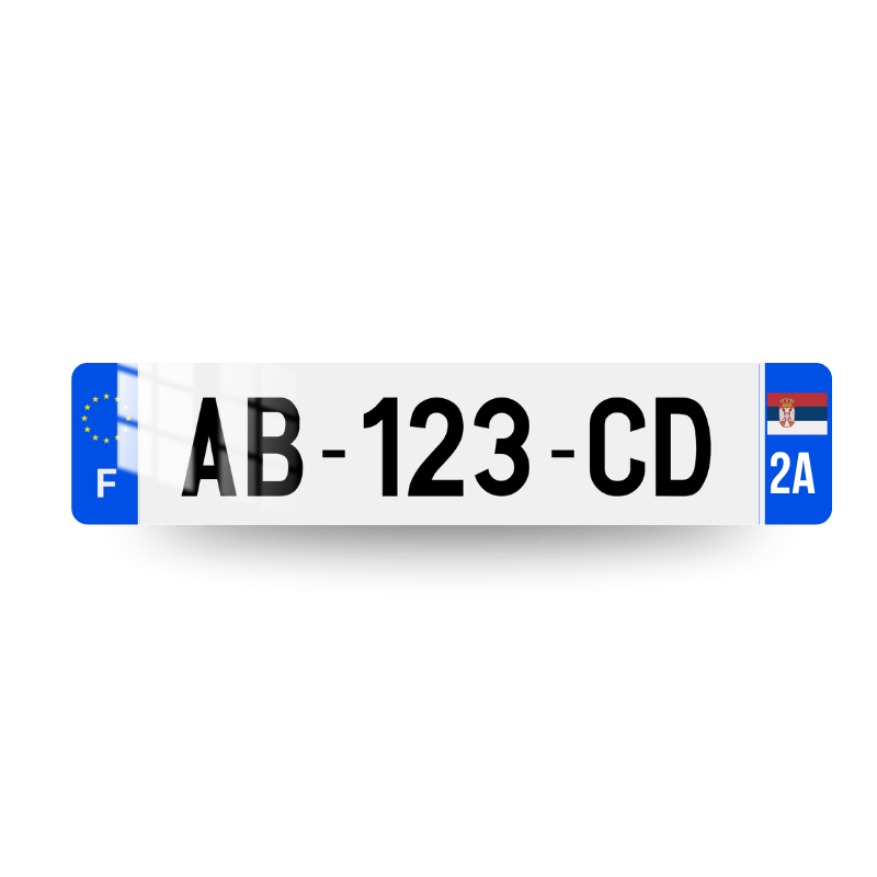 Plaque immatriculation française avec drapeau de la serbie et code postal sur deux chiffres sur l'eurobande droite et le marquage F et le logo UE sur l'eurobande gauche.
