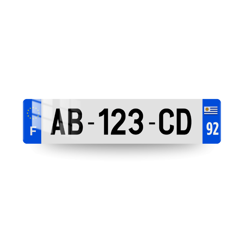 Plaque immatriculation française avec drapeau de l'Uruguay et code postal sur deux chiffres sur l'eurobande droite et logo UE et lettrage F sur l'eurobande gauche.