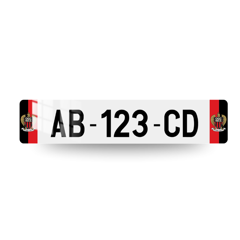 Plaque d'immatriculation décorative Nice fond blanc avec bandes rouges et noires et écusson du club