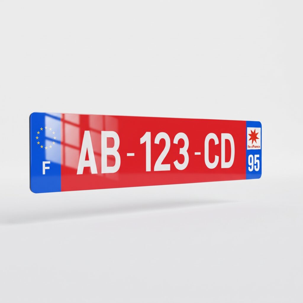 PLAQUE IMMATRICULATION ROUGE EUROBANDES BLEUES trois quart