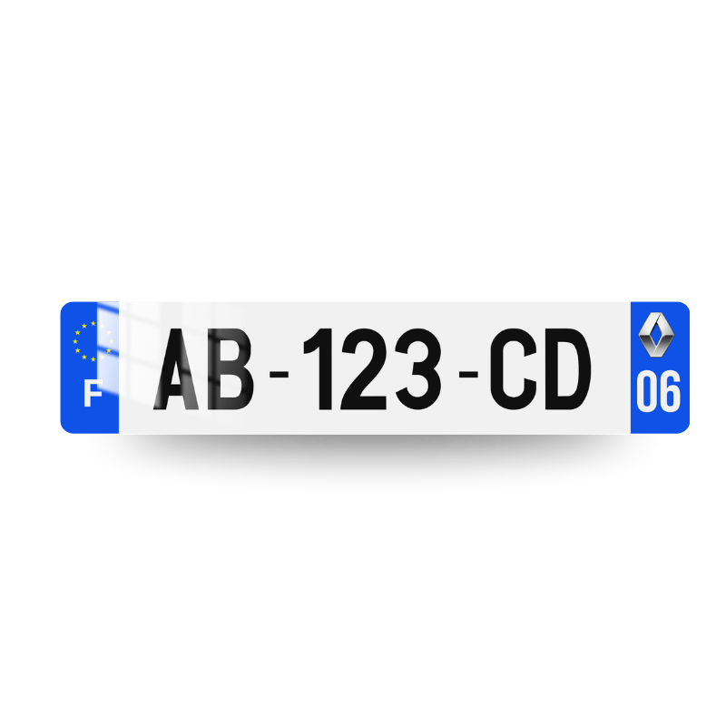 Plaque d'immatriculation Renault avec logo Renault argent sur l'eurobande droite. Image produit.