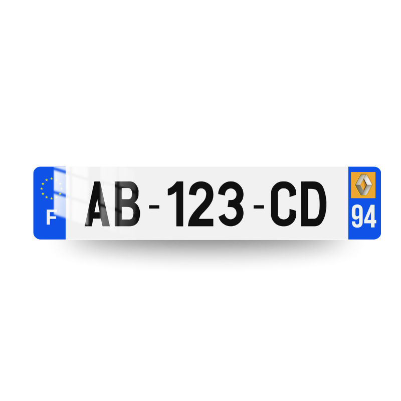 Plaque d'immatriculation Renault avec logo Renault argenté sur fond jaune.