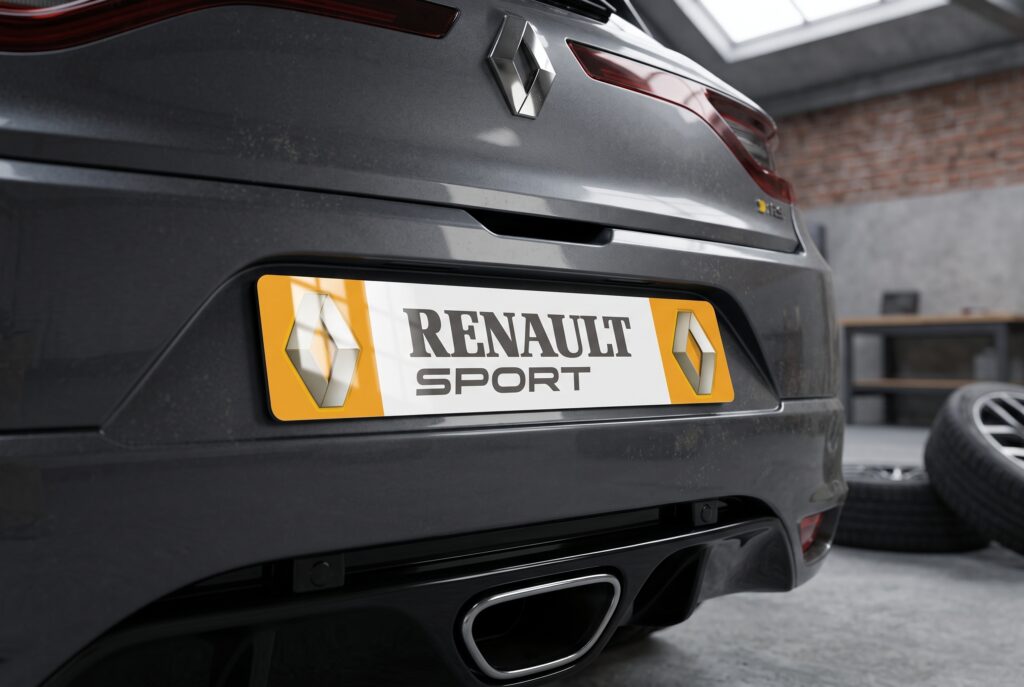Plaque Immatriculation RENAULT SPORT avec deux logos Renault jaune sur les eurobandes et le marquage RENAULT SPORT au centre. Vue sur Renault.