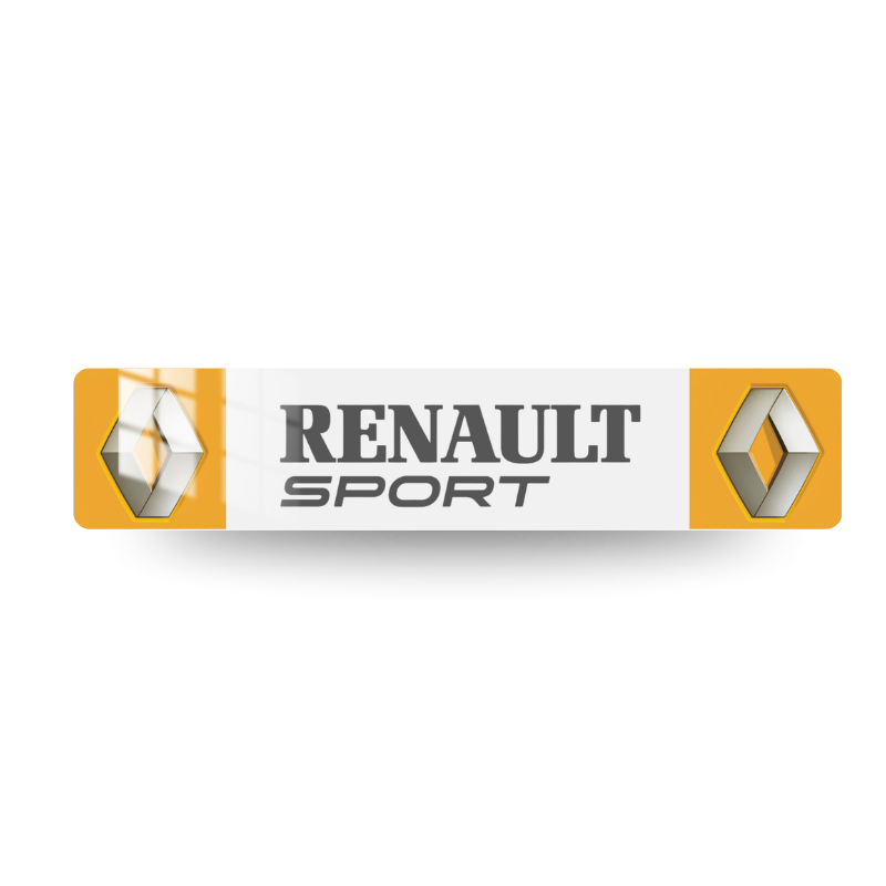 Plaque Immatriculation Renault SPORT avec deux logo Renault traditionnels sur fond jaune sur les côtés et le marquage RENAULT SPORT au centre sur fond blanc.