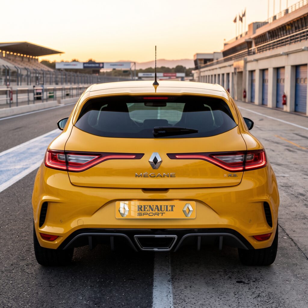 Plaque Immatriculation Renault Sport sur fond jaune avec deux logos renault sur les eurobandes. En situation.