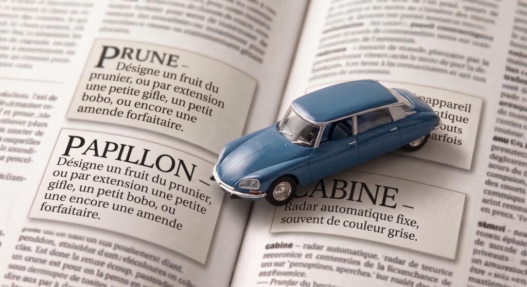Argot des plaques d'immatriculation : petite voiture miniature posée sur un dictionnaire spécialisé dans l'argot de la route.