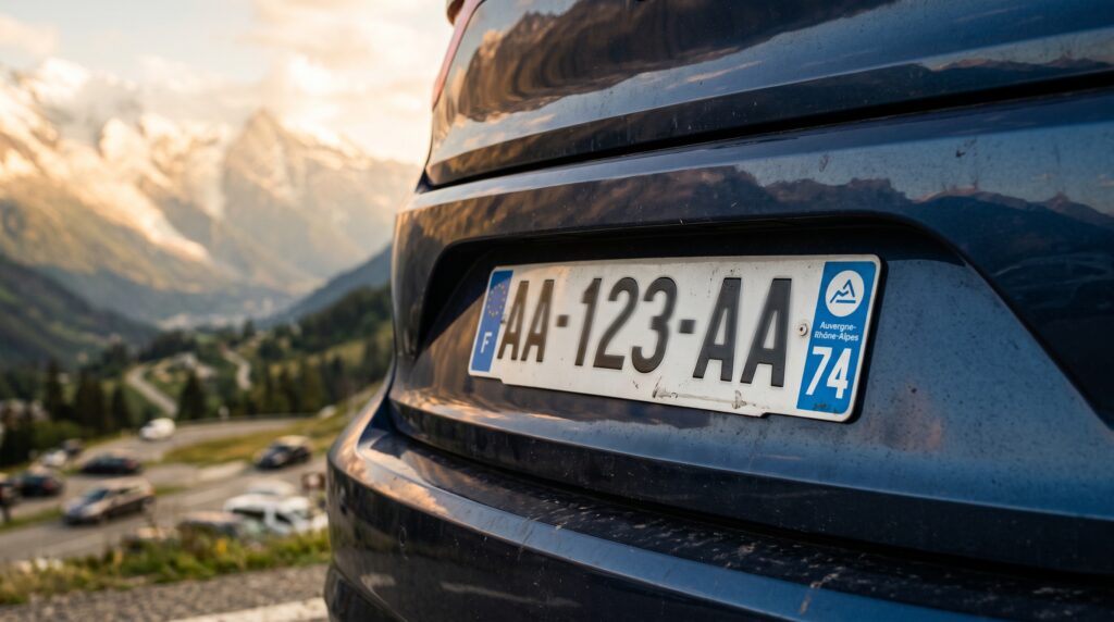 Voiture présentant une plaque d'immatriculation française avec numéro AA 123 AA et le département 74 (région Auvergne Rhônes Alpes), département le plus populaire pour les plaques d'immatriculation