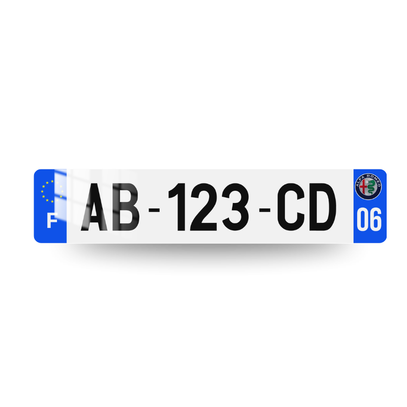Plaque d'immatriculation Alfa Romeo côtés bleus avec blason Alfa Romeo en couleurs