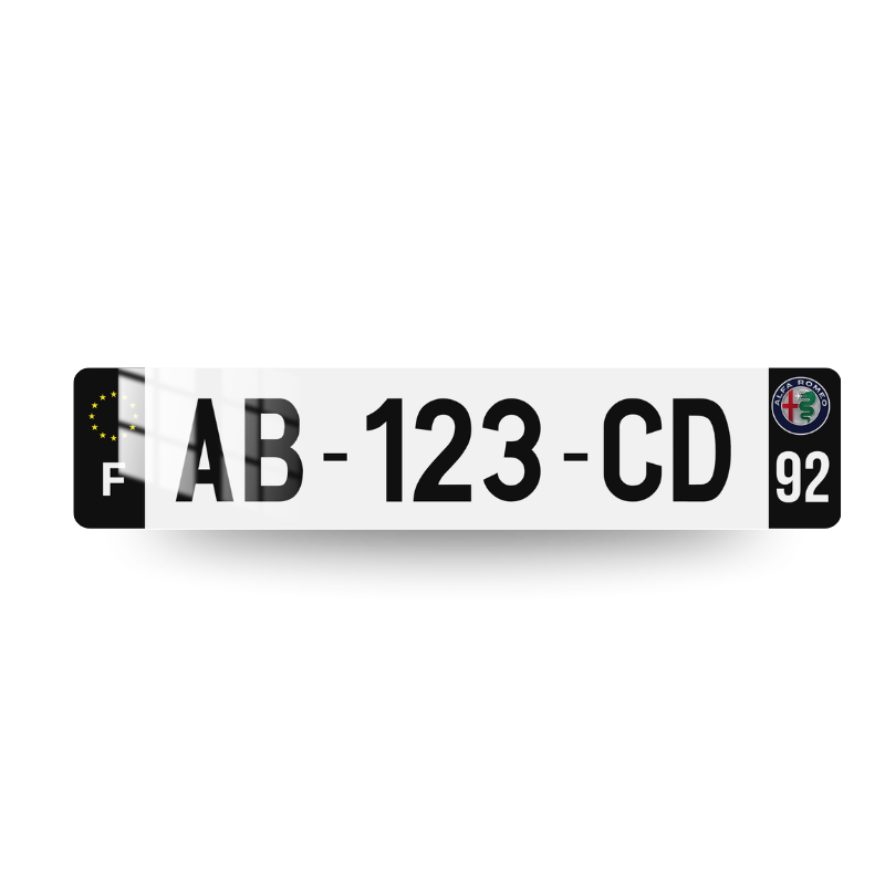 Plaque d'immatriculation Alfa Romeo côtés noirs avec blason Alfa Romeo en couleurs