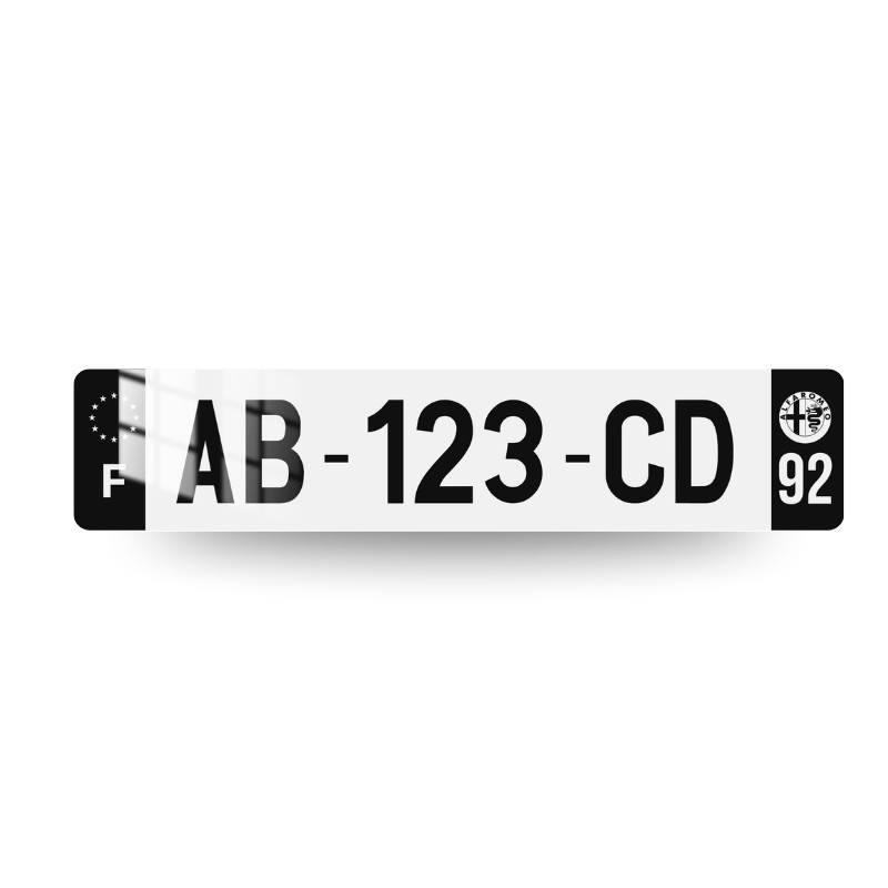 Plaque d'immatriculation Alfa Romeo côtés noirs avec blason Alfa Romeo blanc monochrome