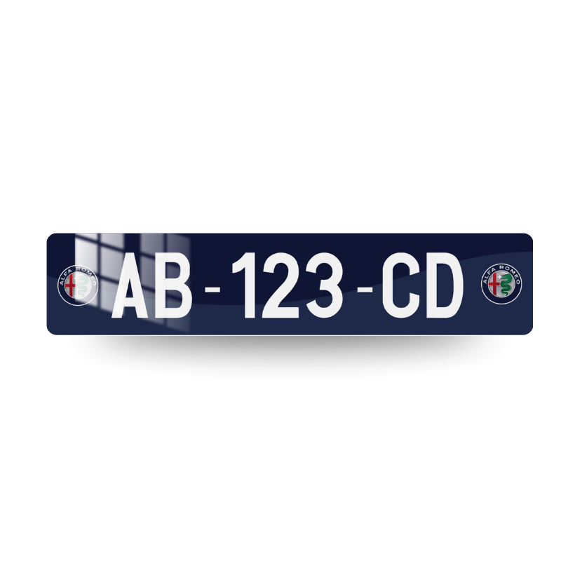 Plaque d'immatriculation Alfa Romeo fond bleu marine à effet vague avec deux blasons Alfa Romeo