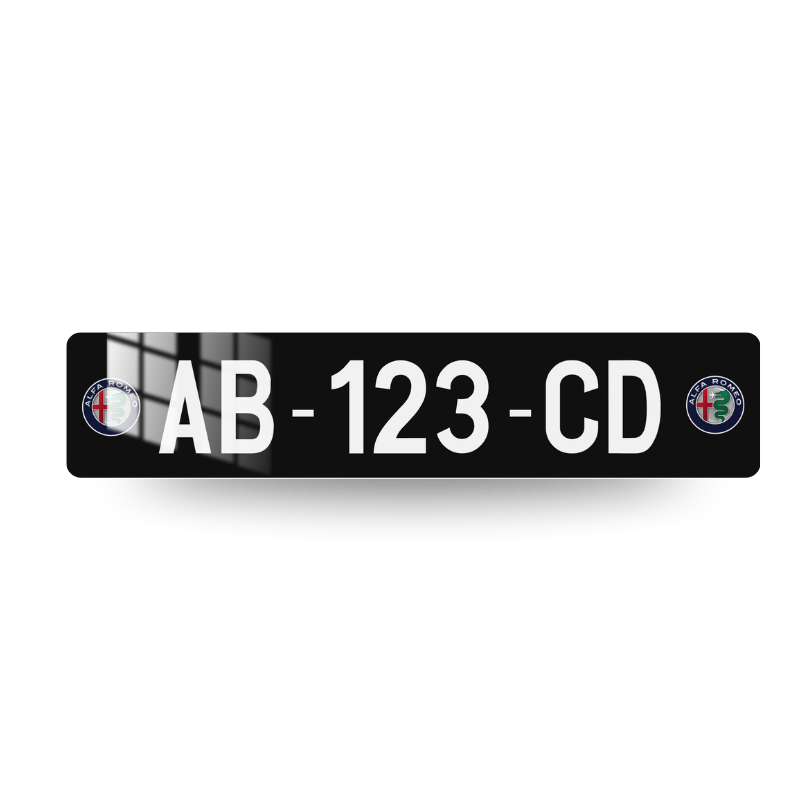 Plaque d'immatriculation Alfa Romeo fond noir avec deux blasons Alfa Romeo en couleurs